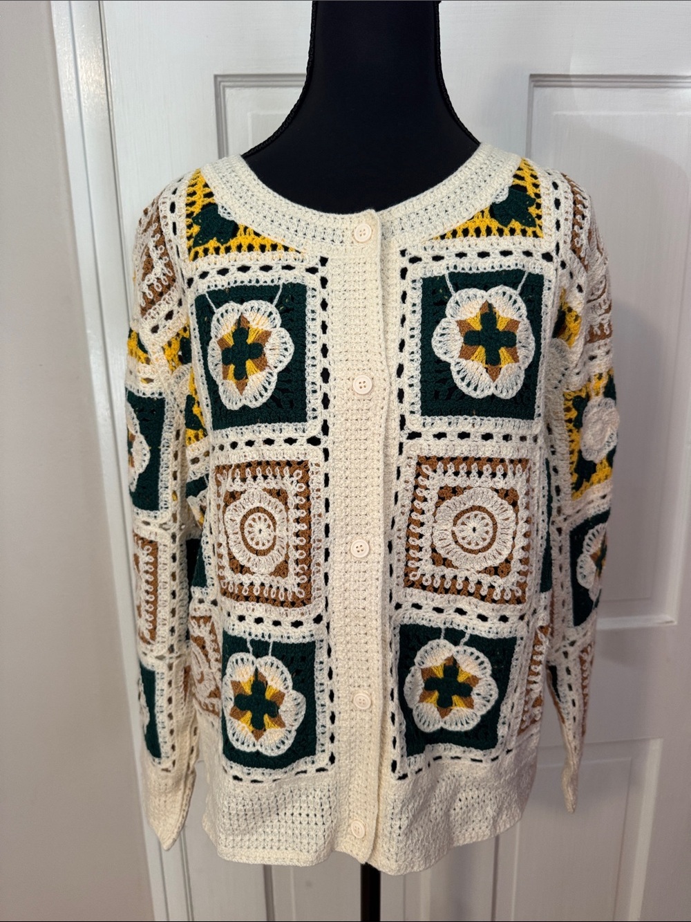 Sapphire Crochet Button-Front Sweater Cardigan Cream with Green/Yellow Accents L